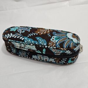 Vera Bradley Java Blue Travel Jewlery Case Brown Floral Small Stiff Zipper Pouch